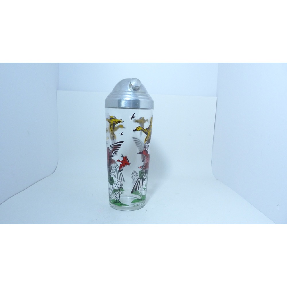 Vintage Hazel Atlas Flying Ducks Pheasant Glass Cocktail Shaker Aluminum Lid